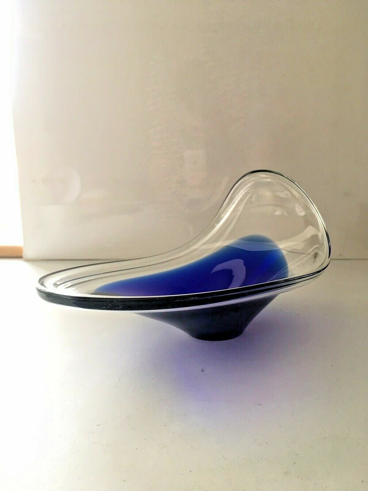 Mid Century Modern Swedish Flygsfors Blue Freeform Art Glass Bowl   Paul Kedelv photo Home Decor