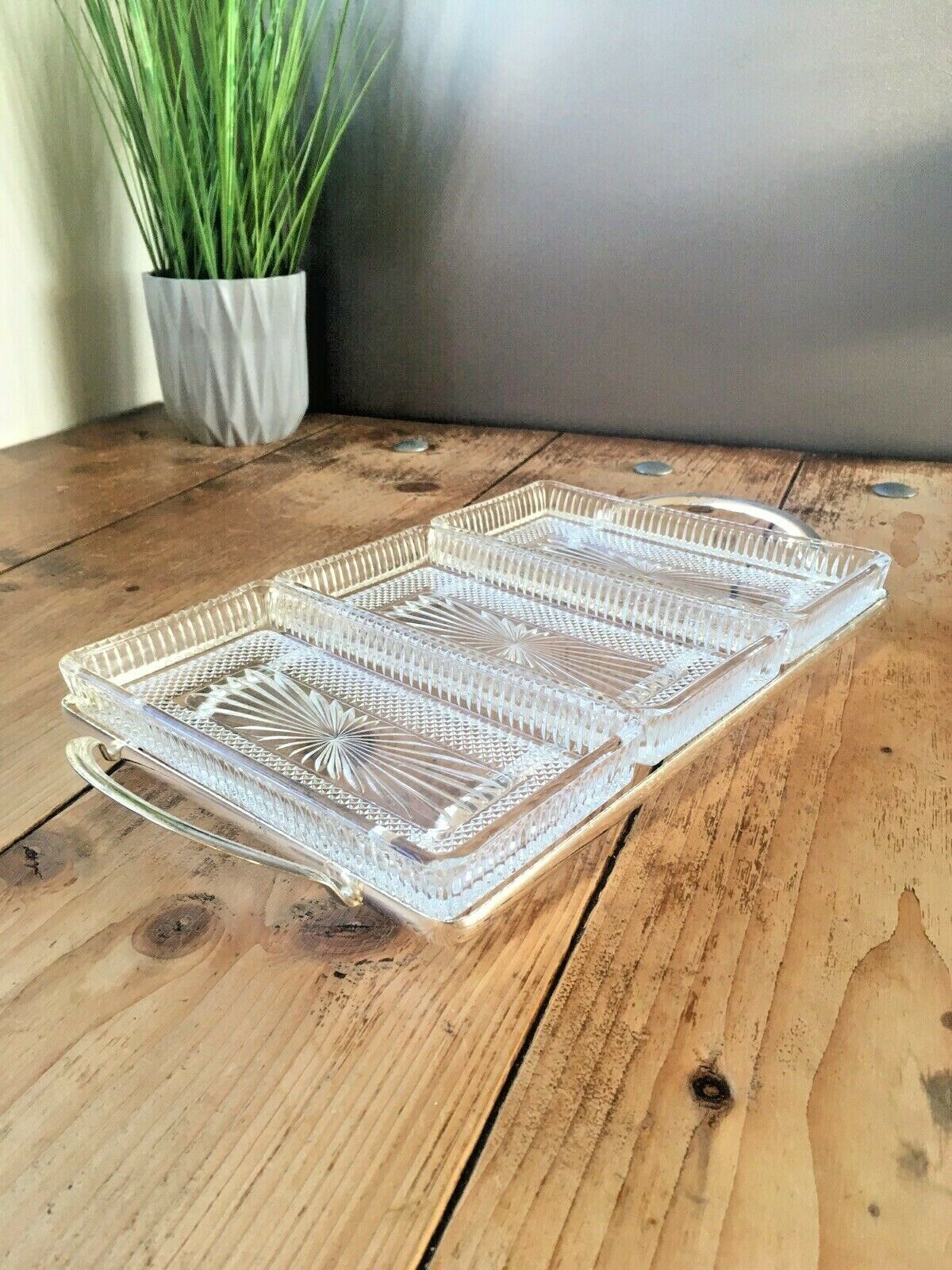 Retro Italian Glass & Chrome Centrepiece Party Bowl Nibbles Serving 3 Dish Tray photo vinterior