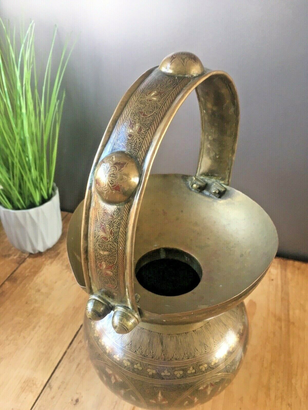 140.0 Large Indian Gourd Metal Brass Enamelled Kamandalu Water Jug Pot Vase Vintage photo