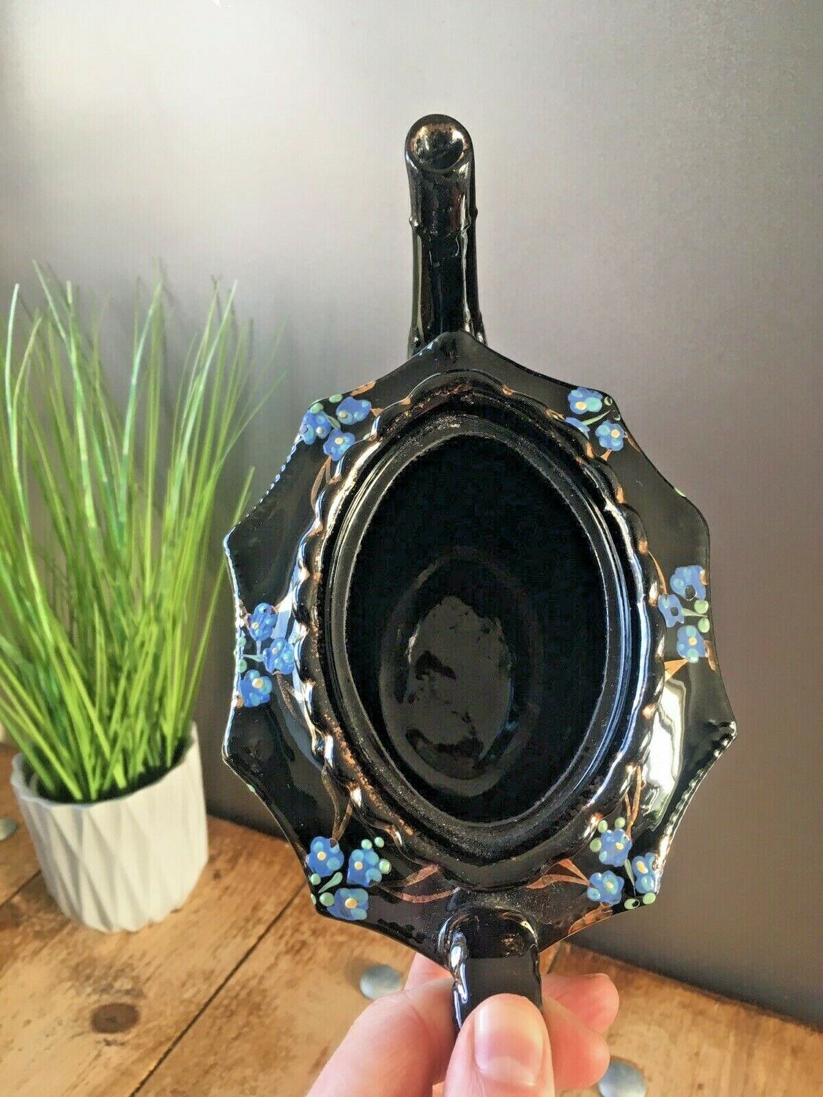 Beautiful Victorian Jackfield Black Gold Gilt Blue Floral Teapot Gibsons Jetware photo buy
