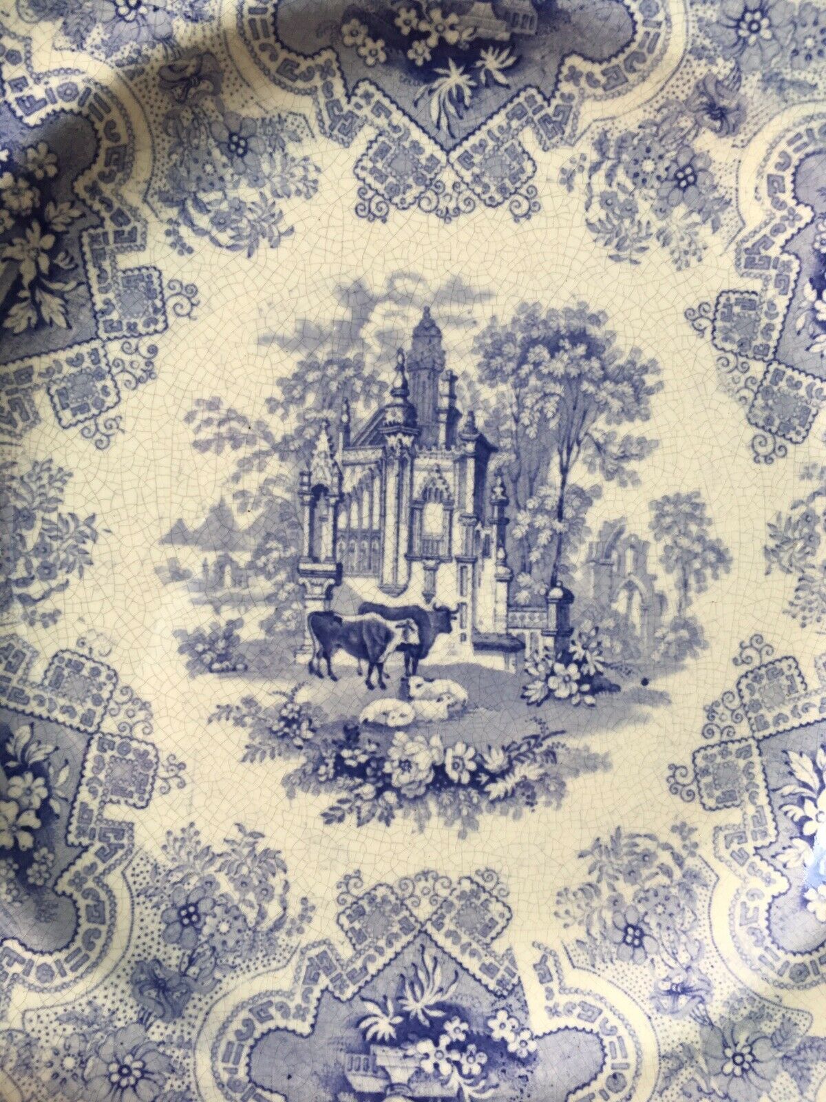 Rare Antique C1816 John Rogers & Son Vase Pattern Blue & White Plate Cows Sheep photo furniture