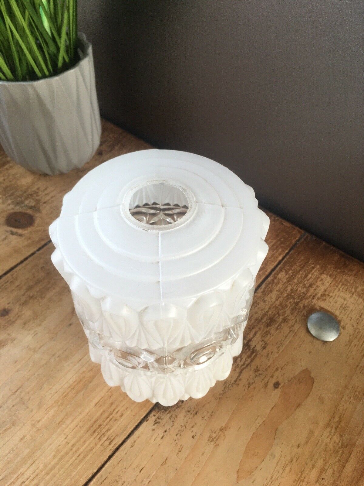 Retro 60s White & Clear Rippled Textured Knobbly Glass Lamp Shade Vintage 70s photo buy