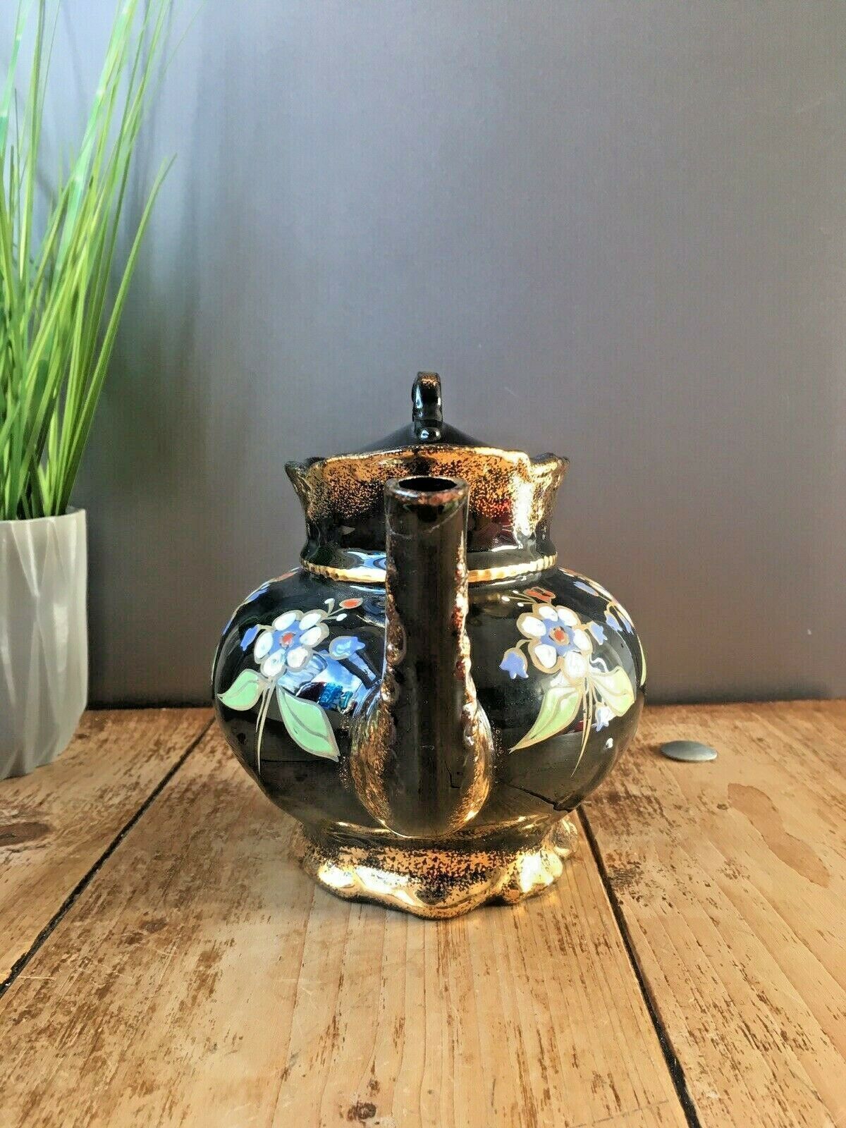 Lovely Antique Victorian Jackfield Black Gold Gilt Floral Teapot Gibsons Jetware photo Home Decor