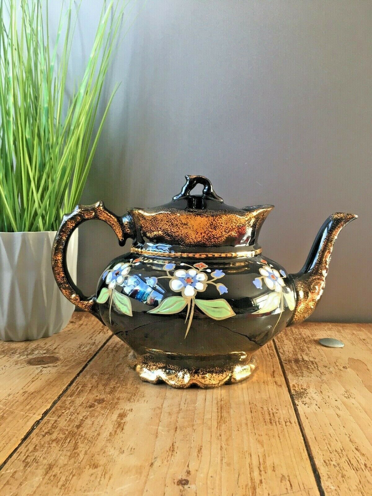 Lovely Antique Victorian Jackfield Black Gold Gilt Floral Teapot Gibsons Jetware photo 85.0