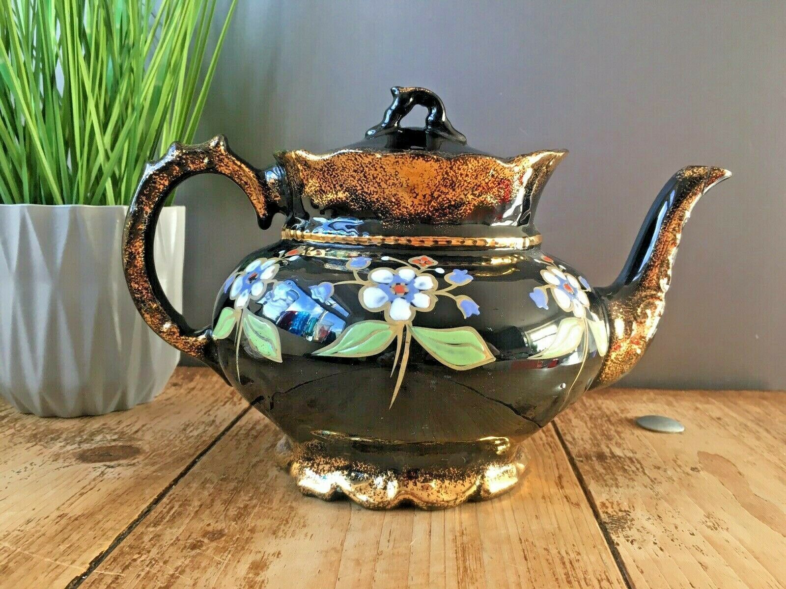 Lovely Antique Victorian Jackfield Black Gold Gilt Floral Teapot Gibsons Jetware photo vinterior