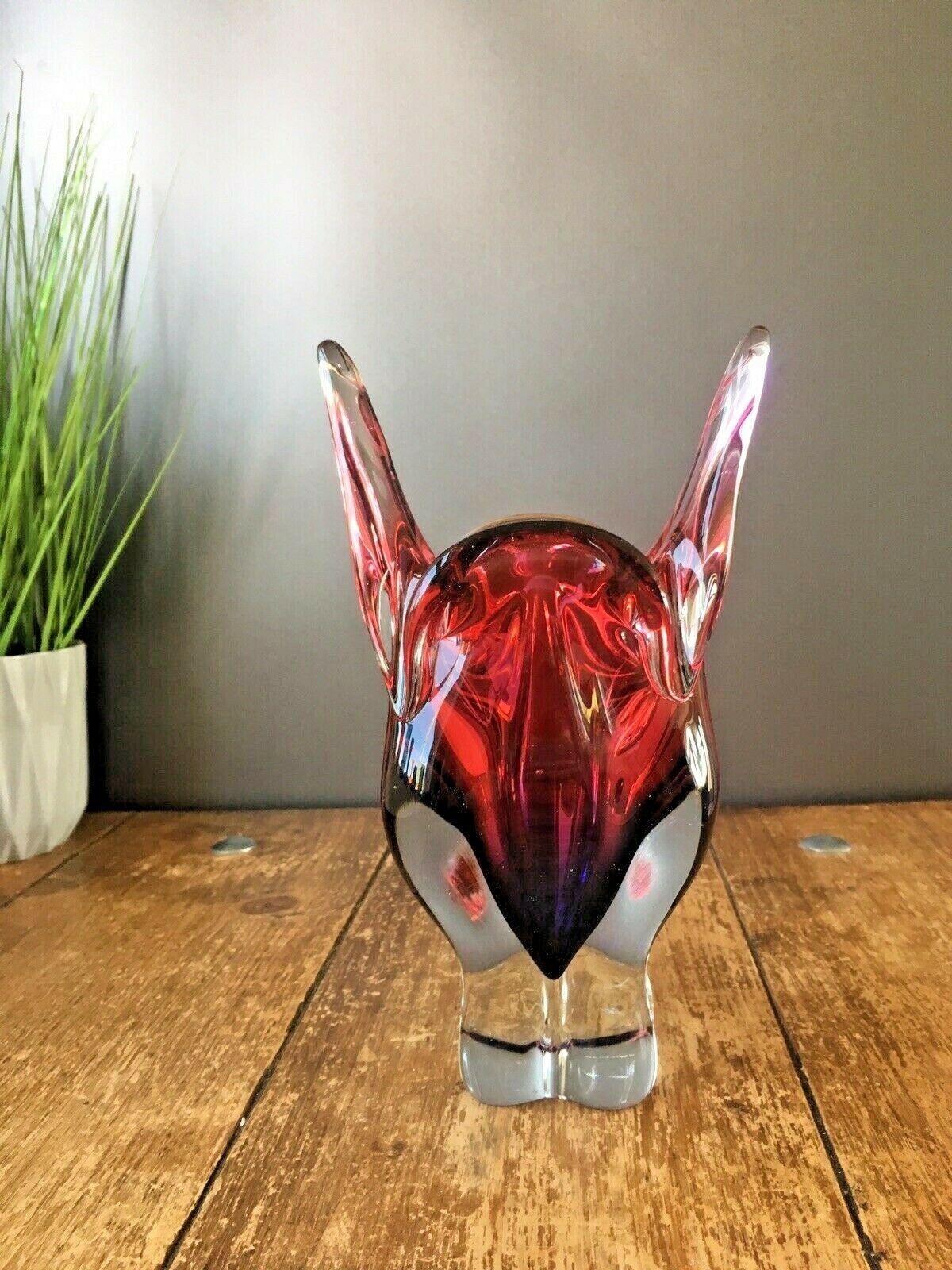 Large Heavy Pink Red Blue Czech Chribska Freeform Art Glass Vase Josef Hospodka photo for sale