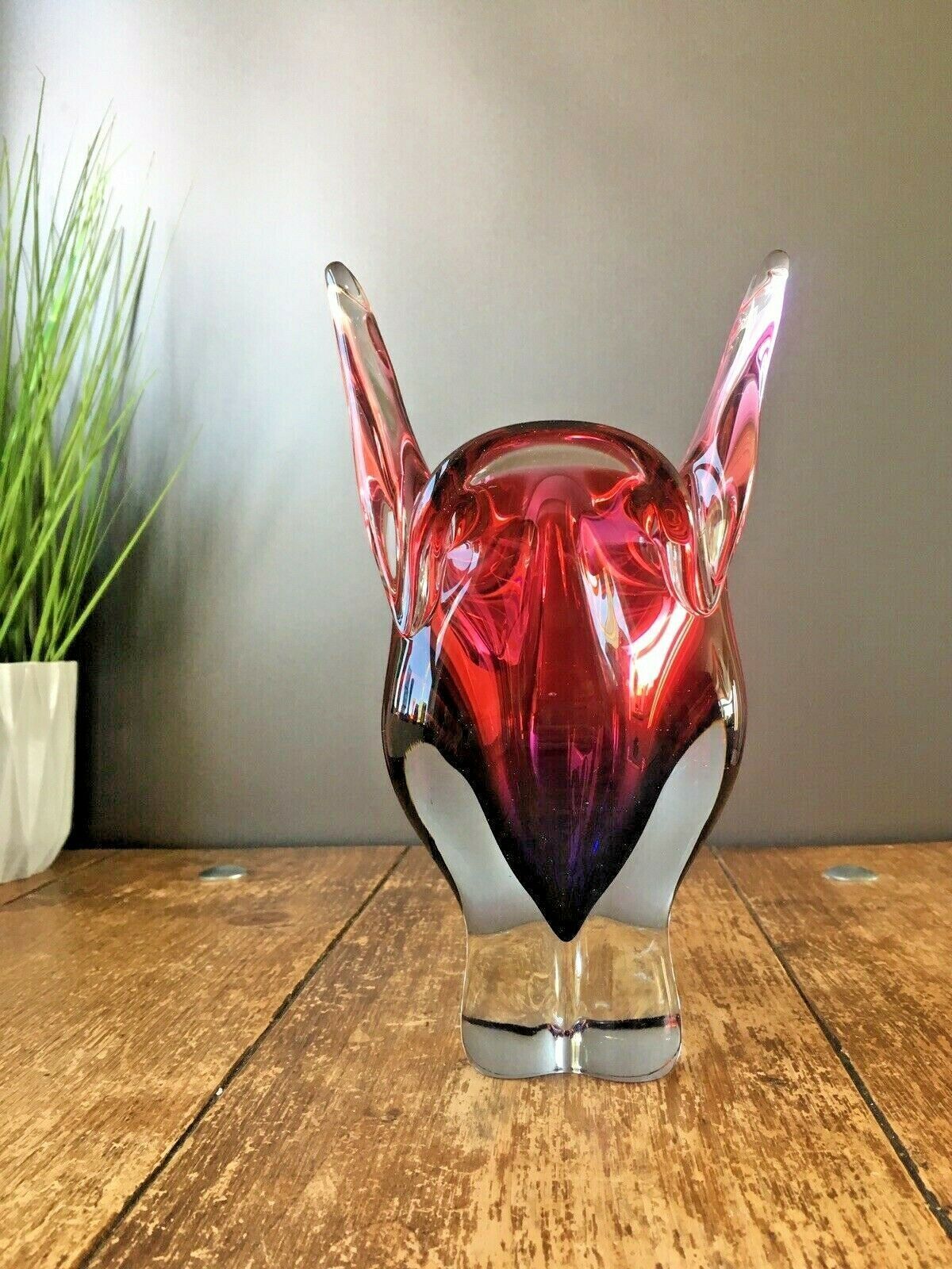 Large Heavy Pink Red Blue Czech Chribska Freeform Art Glass Vase Josef Hospodka photo 60.0