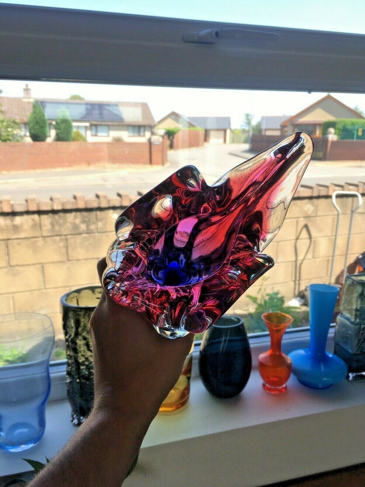 60.0 Large Heavy Pink Red Blue Czech Chribska Freeform Art Glass Vase Josef Hospodka photo