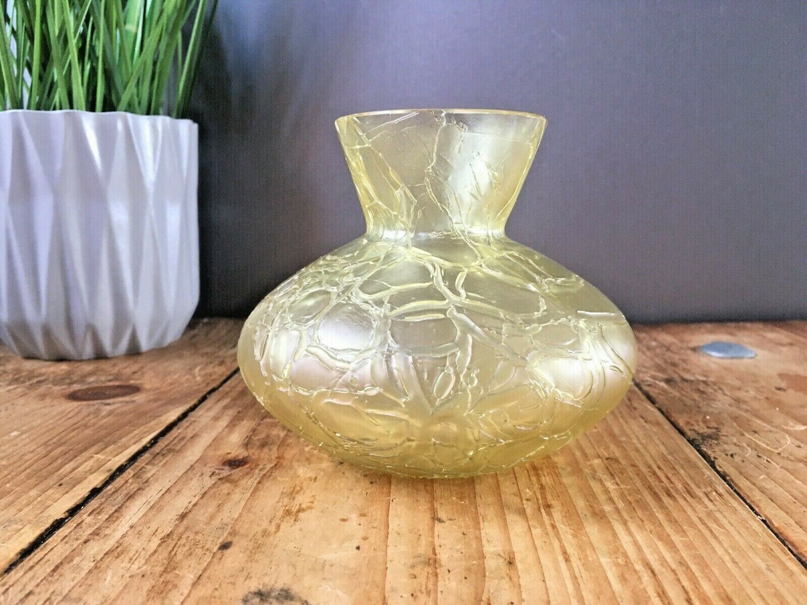 Art Nouveau Bohemian Kralik Citron Yellow Crackle Glass Veined Squat Vase Bowl photo for sale