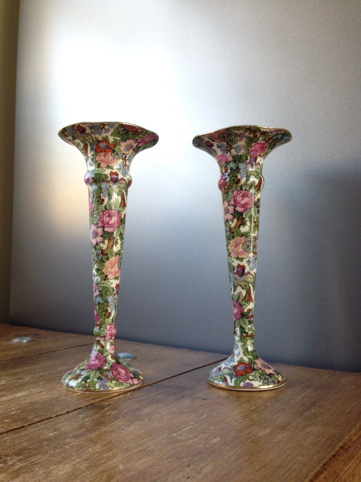Pair Of Art Deco Crown Ducal Floral Victoria Chintz Bud Candle Holders photo for sale