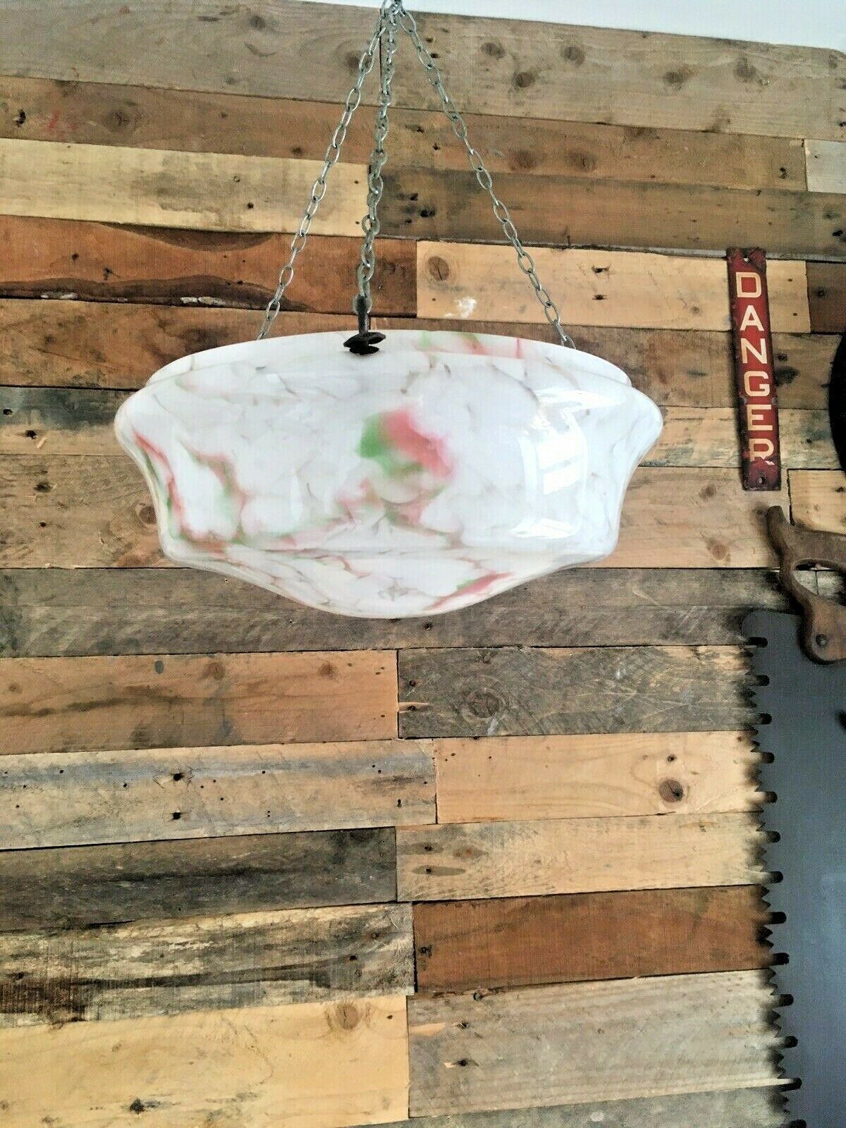 Large 1930s Art Deco White Marbled Splatter Ceiling Flycatcher Glass Light Shade
