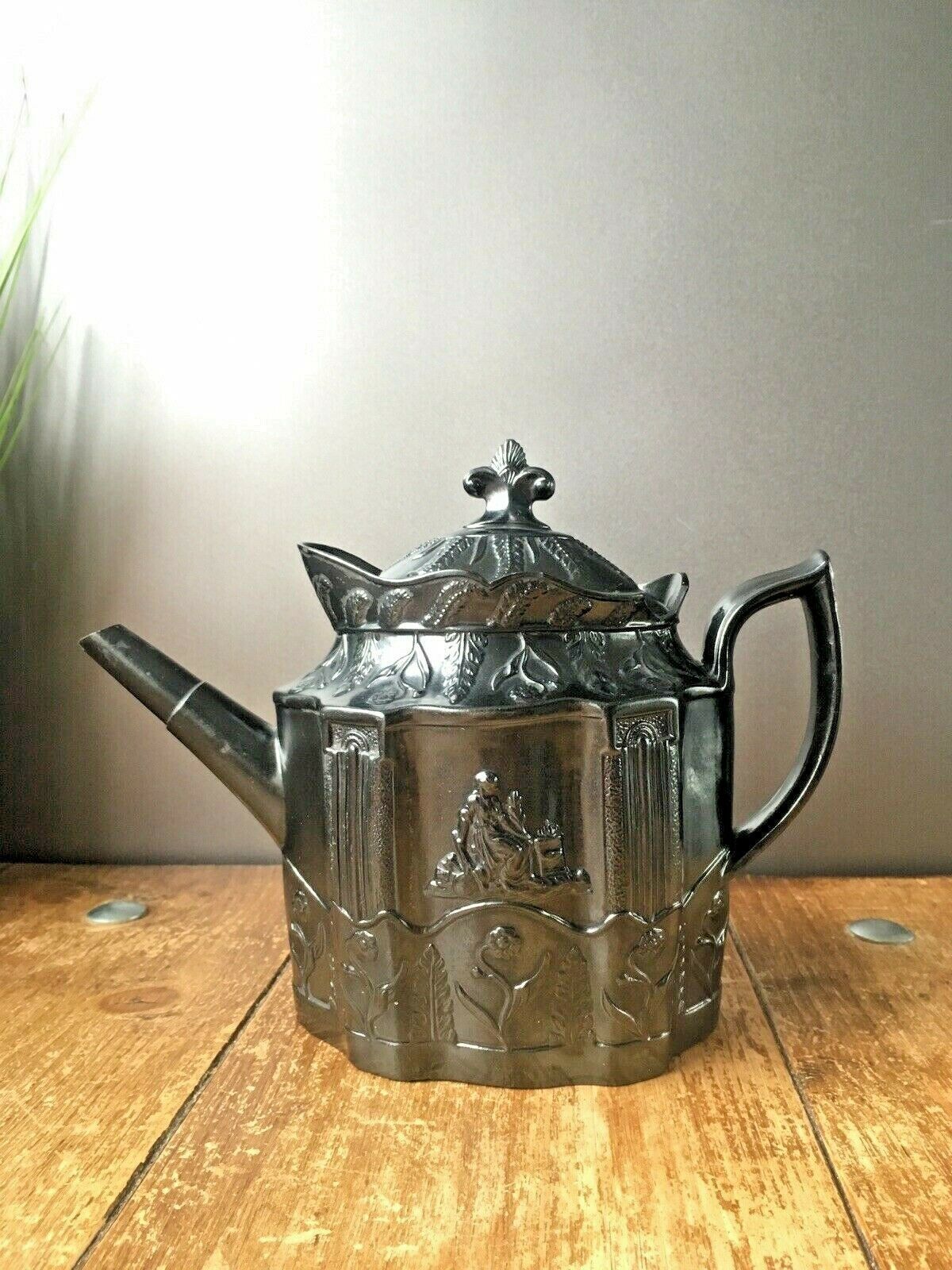 Rare Early 19th Century Black Basalt Neoclassical Leaves Teapot Castleford Style photo Home Decor