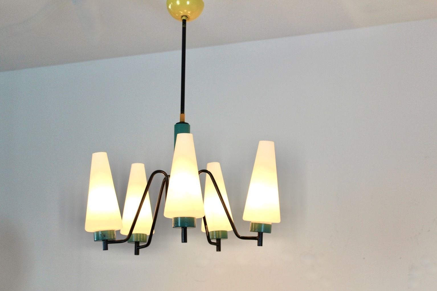 Dutch Steel, Wood & Opaline Glass Pendant
