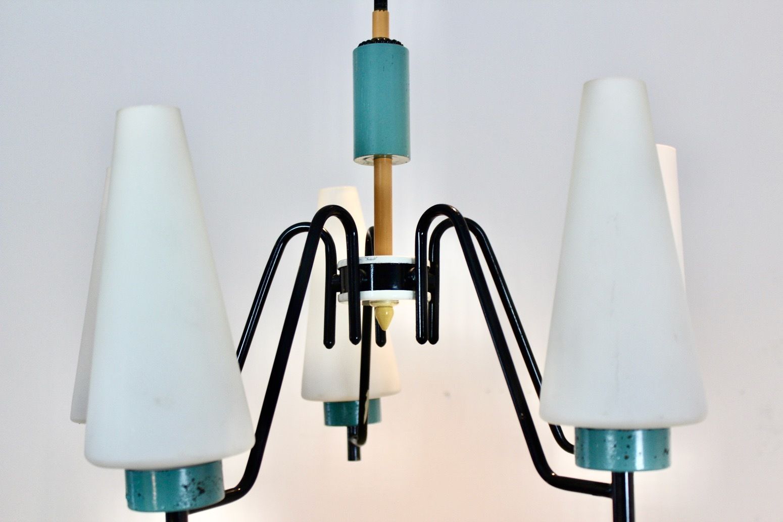 Dutch Steel, Wood & Opaline Glass Pendant photo Lighting