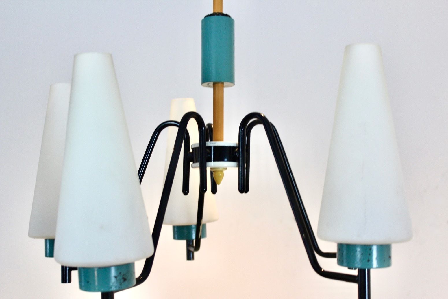 Dutch Steel, Wood & Opaline Glass Pendant photo vinterior