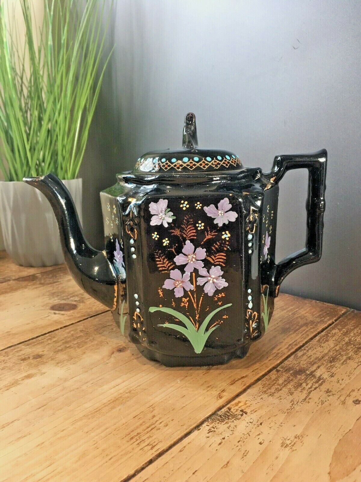 Antique Jackfield Black Gold Purple Floral Teapot & Trivet Stand Gibsons Jetware photo Home Decor