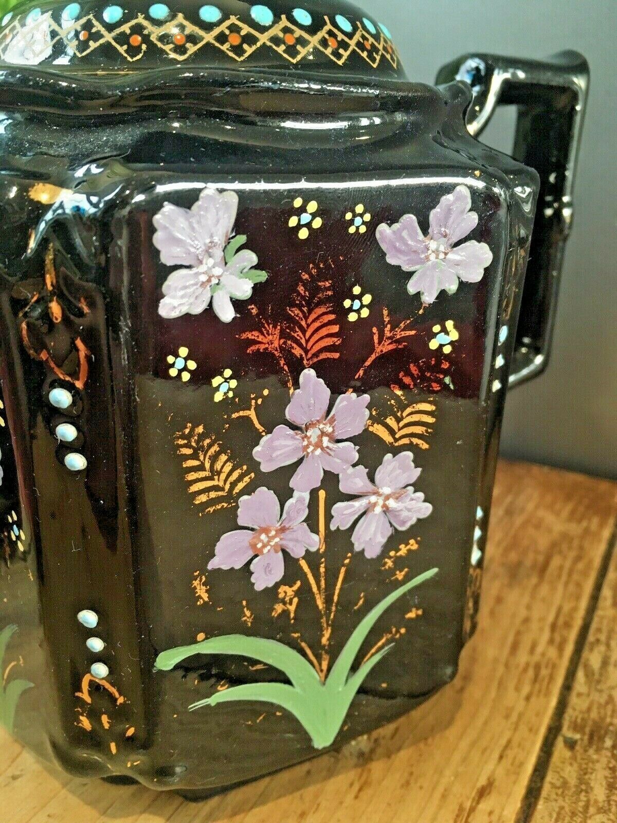 Antique Jackfield Black Gold Purple Floral Teapot & Trivet Stand Gibsons Jetware photo 160.0