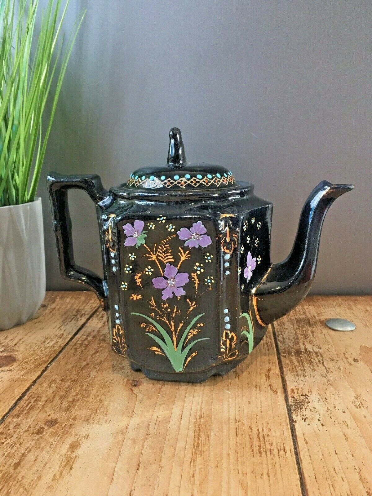 Antique Jackfield Black Gold Purple Floral Teapot & Trivet Stand Gibsons Jetware photo buy