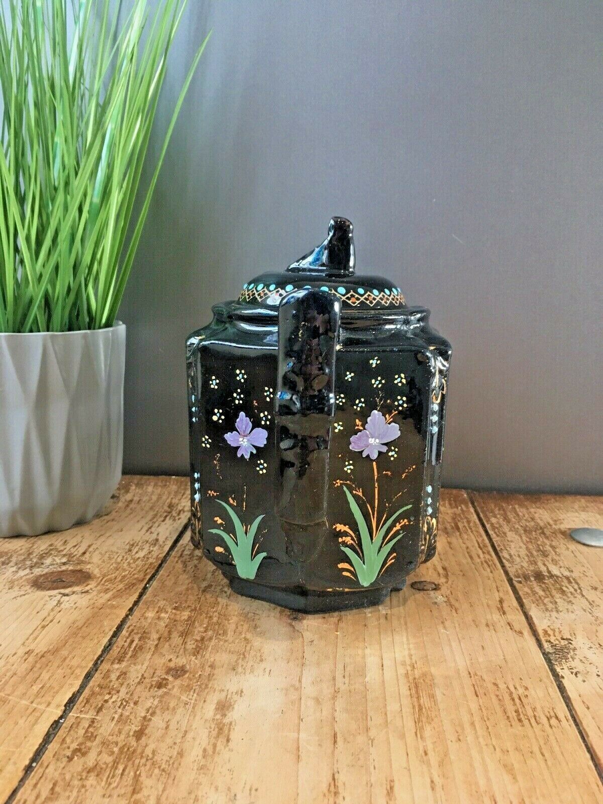 Antique Jackfield Black Gold Purple Floral Teapot & Trivet Stand Gibsons Jetware photo vintage