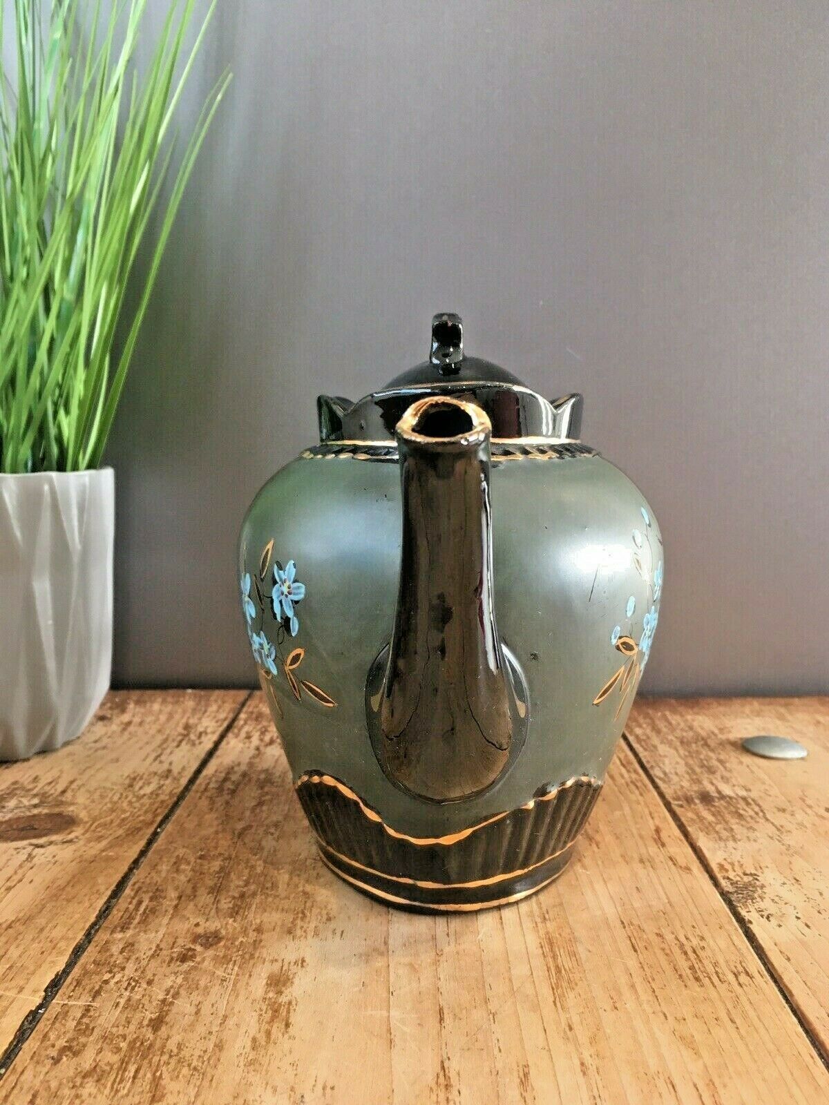 Antique Jackfield Green Gold Blue Floral Teapot & Trivet Stand Gibsons Jetware photo vinterior