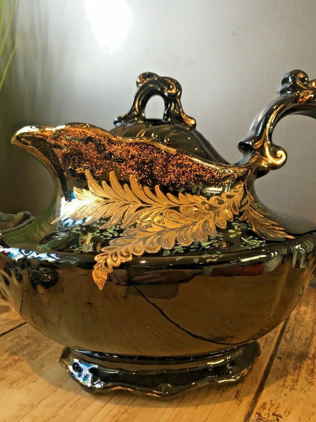 Antique Jackfield Black Gold Gilt Leaves Teapot & Trivet Stand Gibsons Jetware photo 195.0