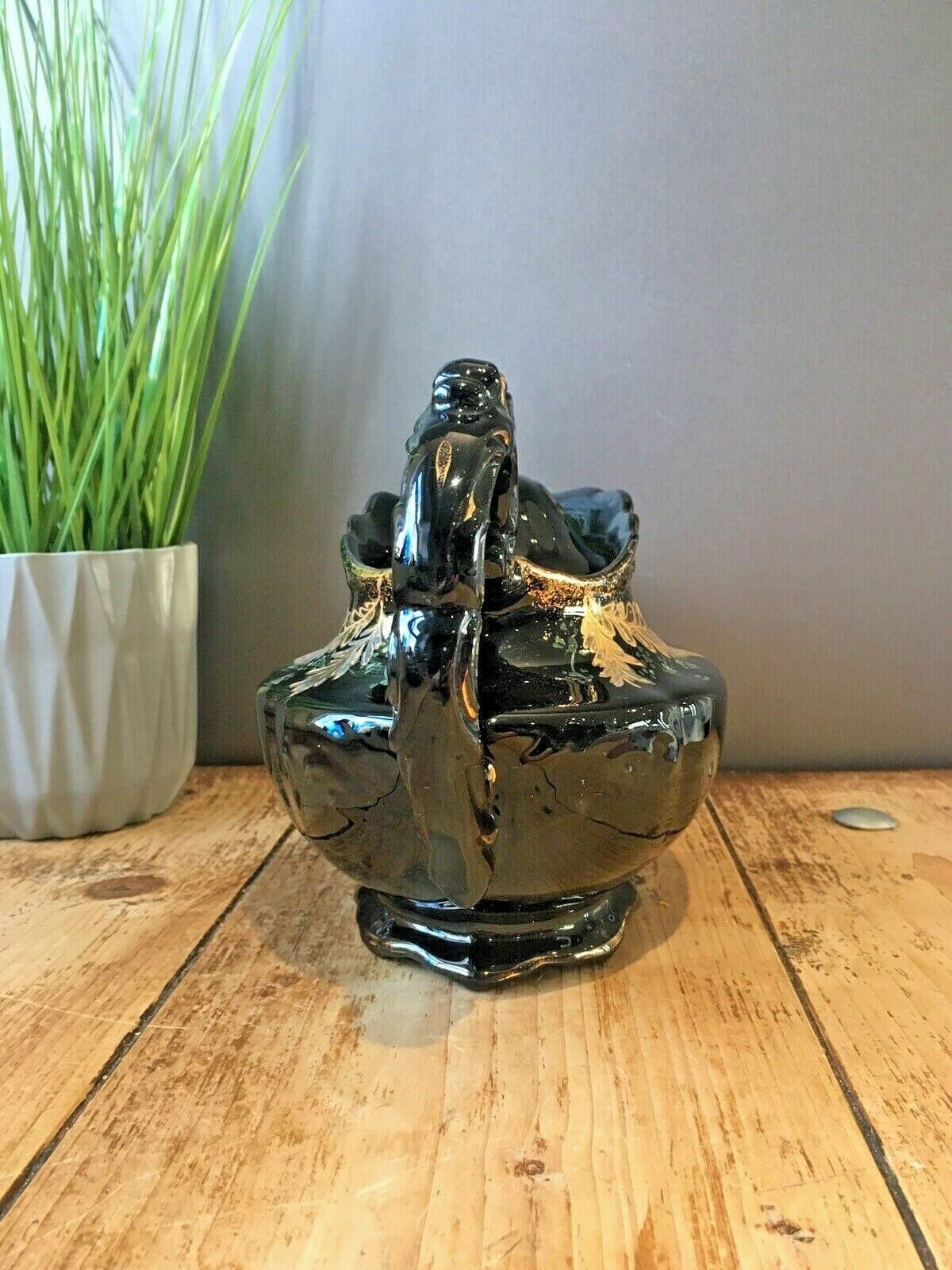 Antique Jackfield Black Gold Gilt Leaves Teapot & Trivet Stand Gibsons Jetware photo vintage