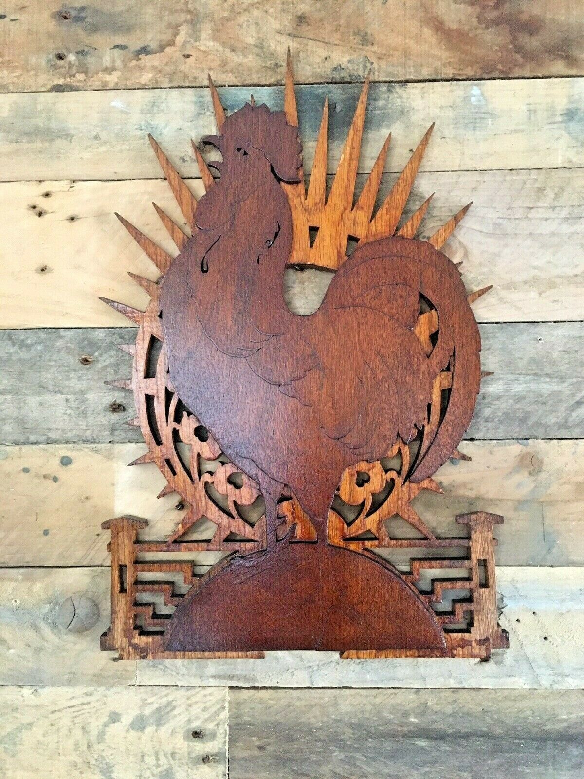 175.0 Antique Mid Century Modern Sunburst Chicken Rooster Fretwork Wall Plaque Hanging photo
