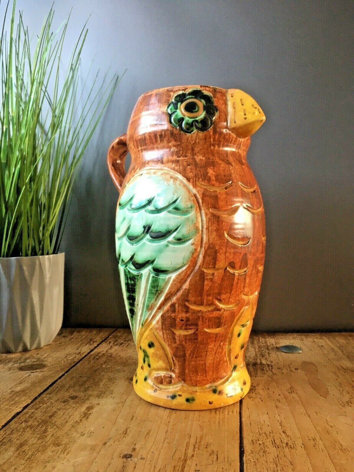 Beautiful Rare Hj Wood Ltd Pottery Owl Art Deco Water Jug Pitcher Vase Vintage