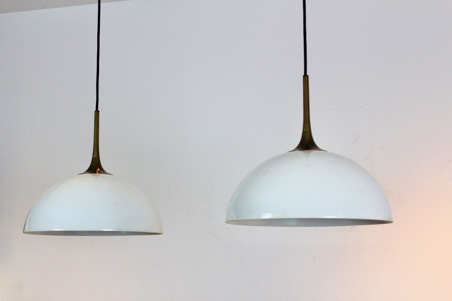 Pair Of Brass And White Opal Glass Pendant Lights By Florian Schulz photo furniture