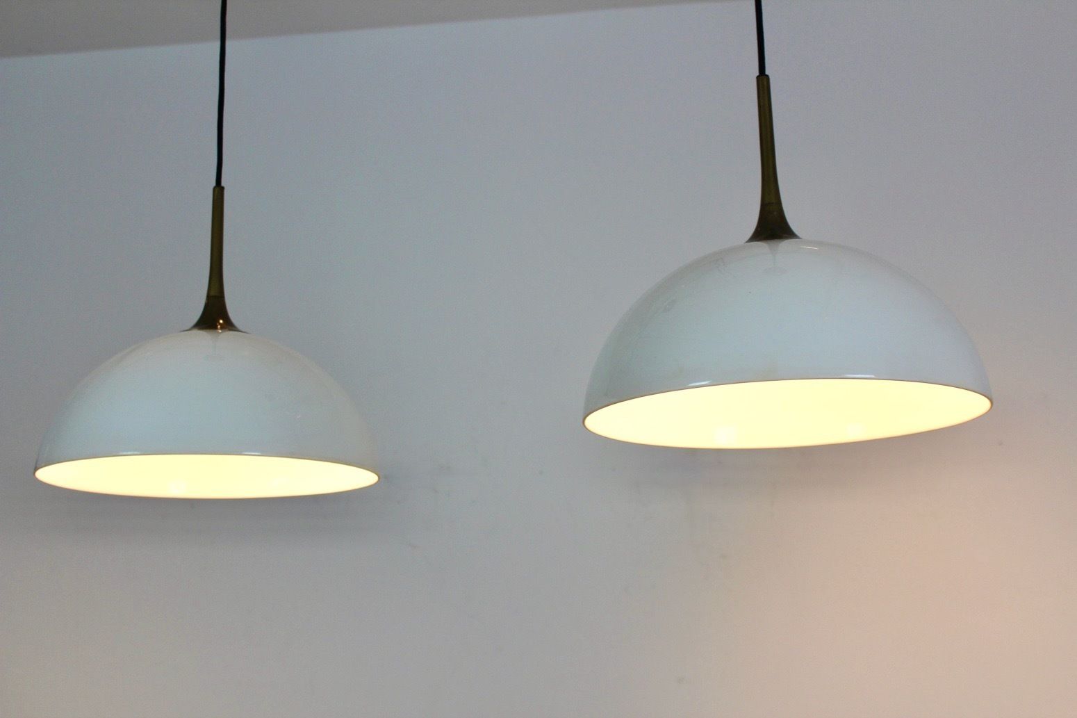 Pair Of Brass And White Opal Glass Pendant Lights By Florian Schulz photo vintage