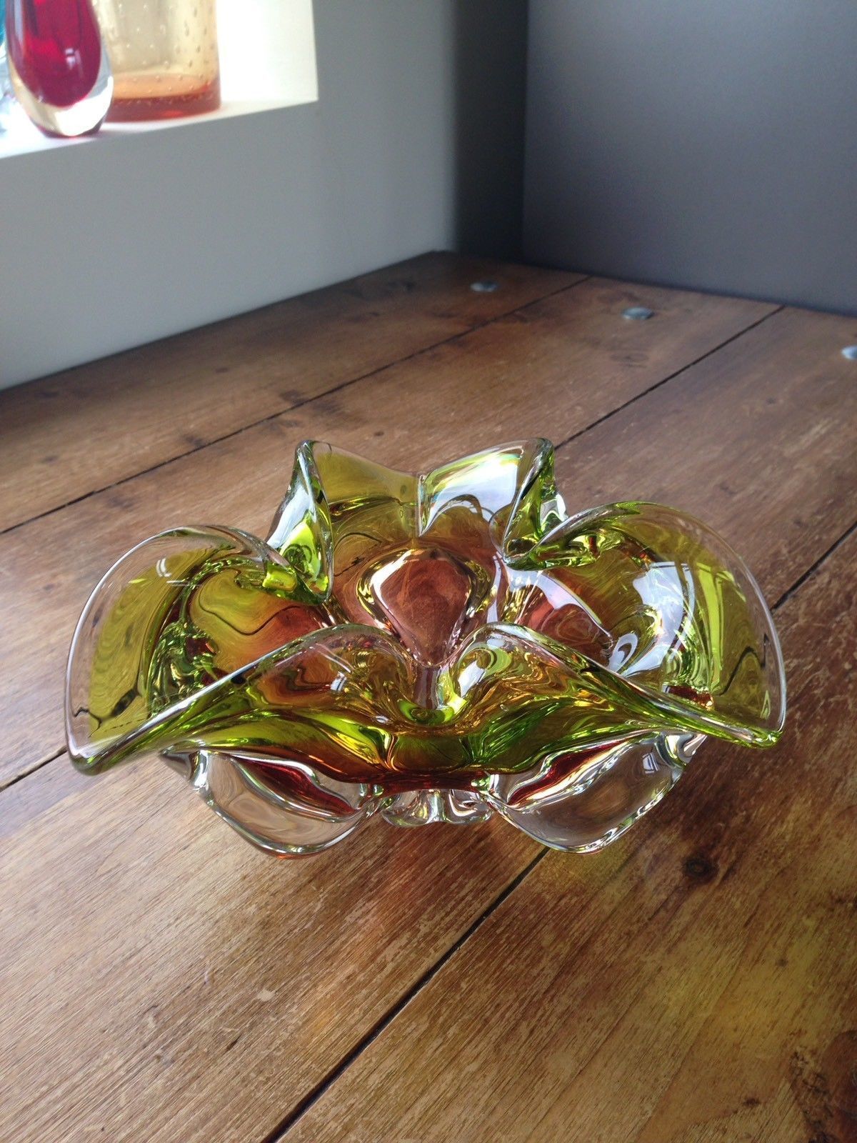 Large Heavy Green & Brown Czech Chribska Freeform Art Glass Bowl Josef Hospodka photo Home Decor