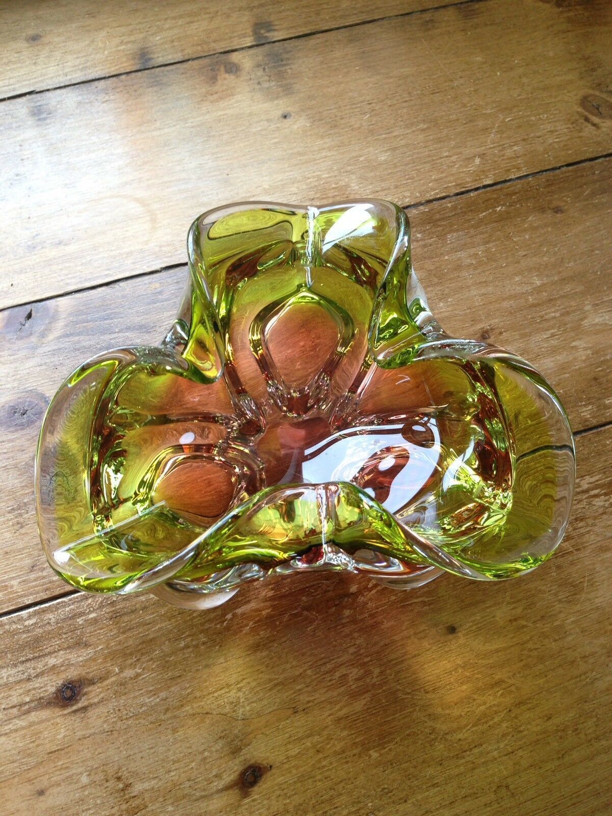 Large Heavy Green & Brown Czech Chribska Freeform Art Glass Bowl Josef Hospodka photo vintage