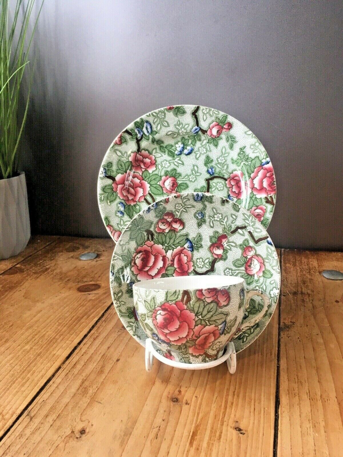 3 Vintage B & L Leighton Pottery Chinese Rose Trios Tea Cups Saucers & Side Plates photo Home Decor