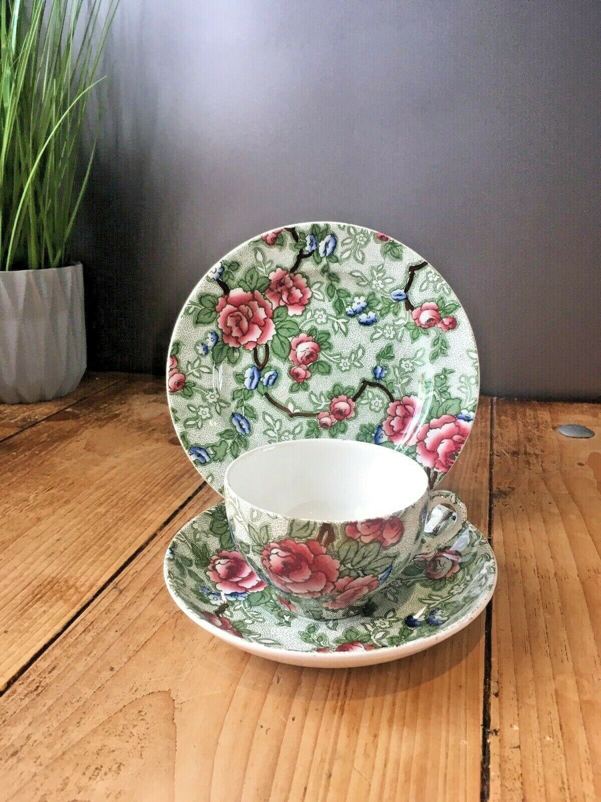 3 Vintage B & L Leighton Pottery Chinese Rose Trios Tea Cups Saucers & Side Plates photo 75.0