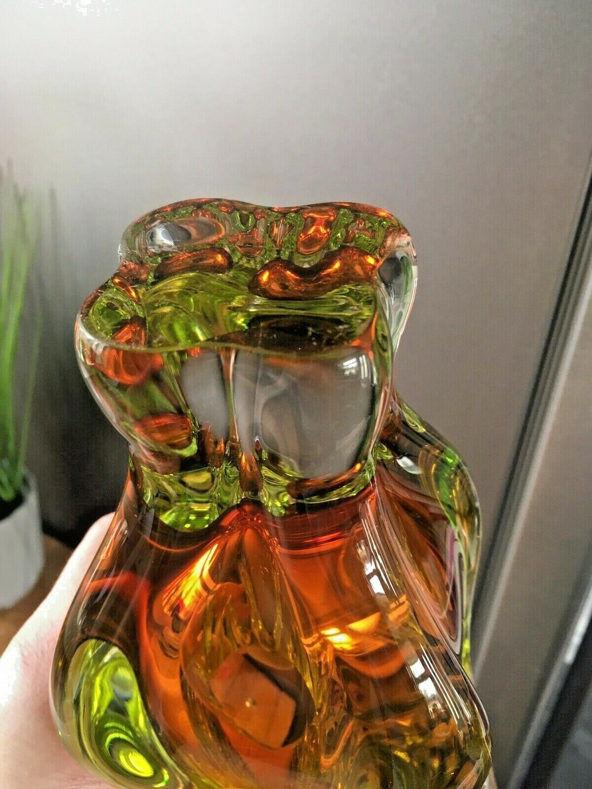 Large Heavy Green & Brown Czech Chribska Freeform Art Glass Vase Josef Hospodka photo vinterior
