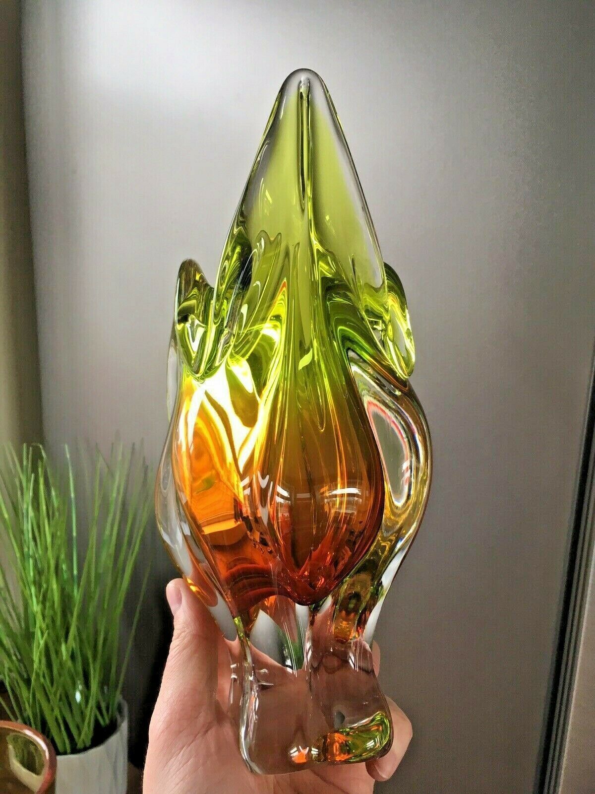 photo furniture Large Heavy Green & Brown Czech Chribska Freeform Art Glass Vase Josef Hospodka