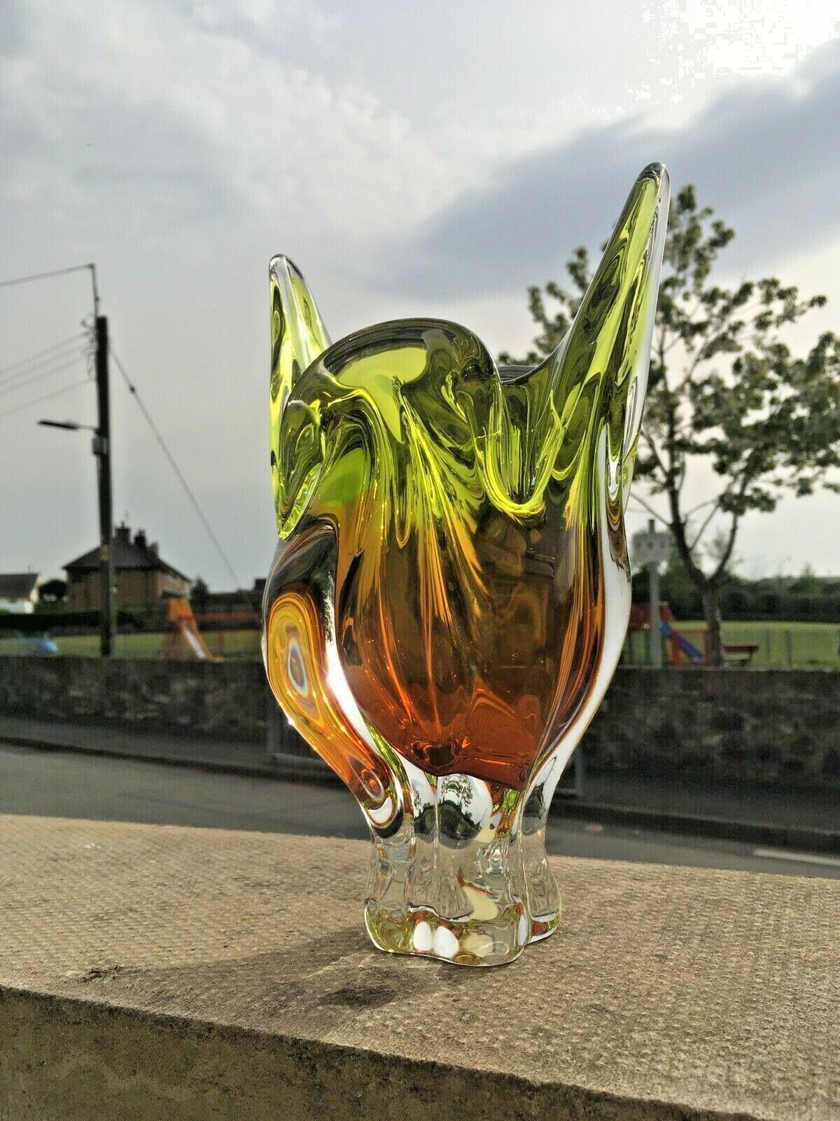 photo for sale Large Heavy Green & Brown Czech Chribska Freeform Art Glass Vase Josef Hospodka