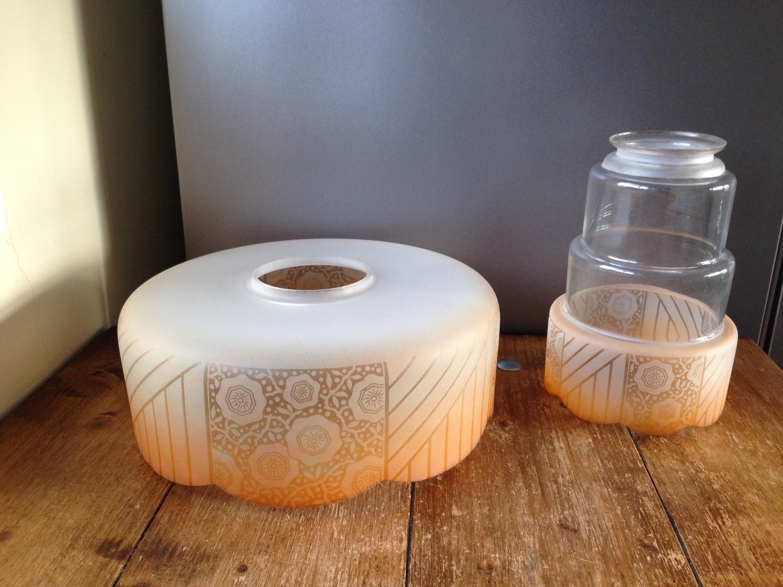 2 Piece Art Deco Orange Frosted Floral Flower Power Glass Ceiling Light Shade