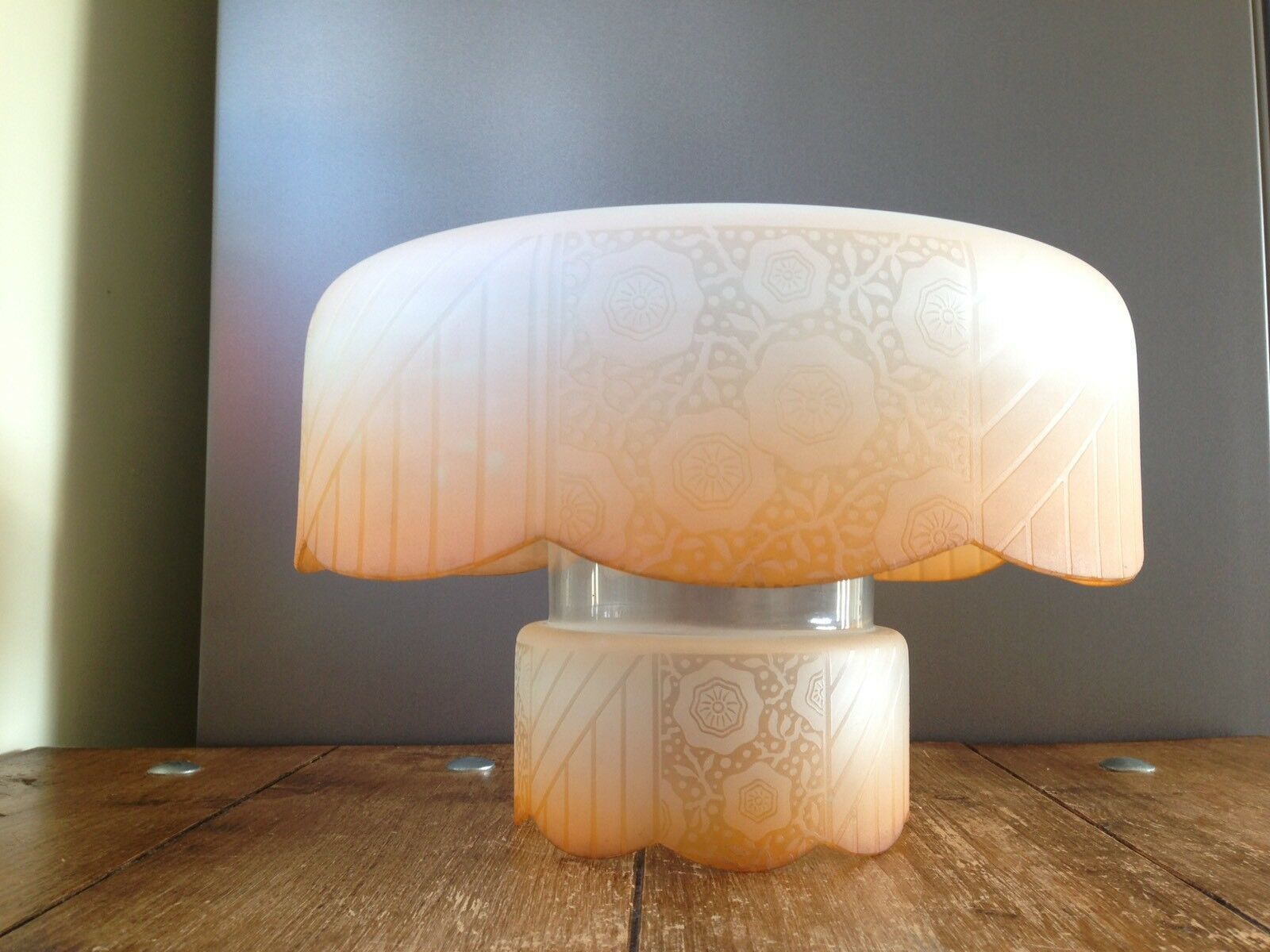 2 Piece Art Deco Orange Frosted Floral Flower Power Glass Ceiling Light Shade photo for sale