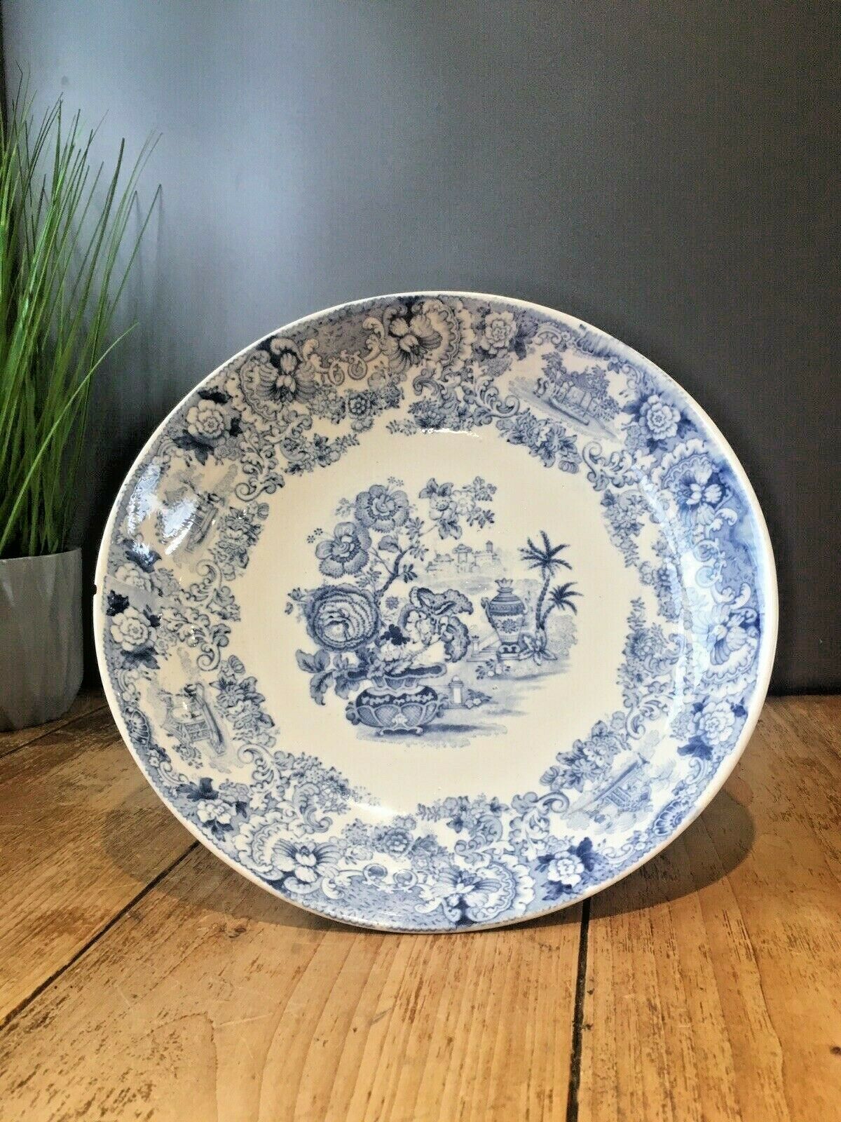 Antique 1861 91 Ashworth Brothers Blue & White Chinoiserie Pedestal Fruit Stand
