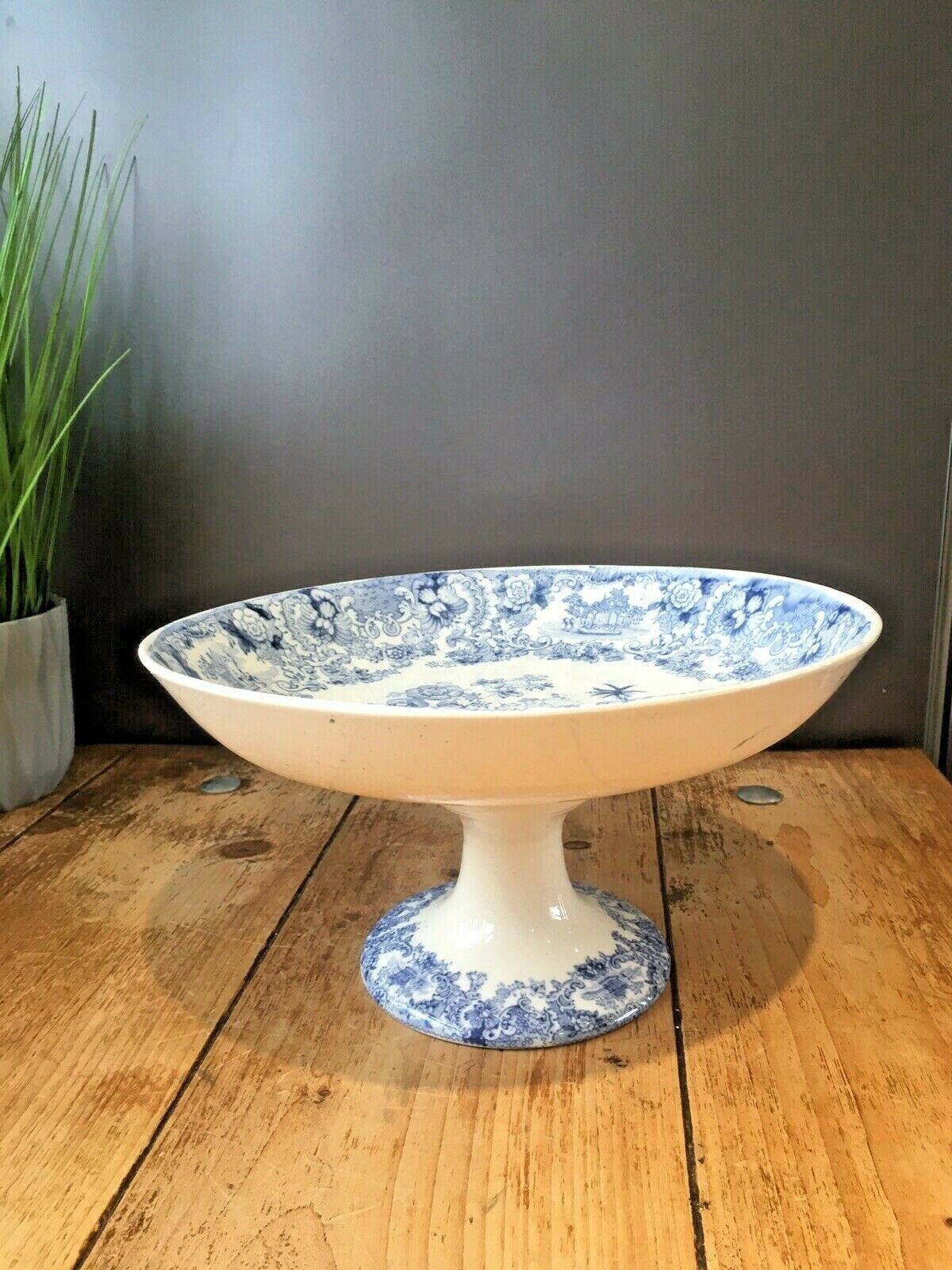 Antique 1861 91 Ashworth Brothers Blue & White Chinoiserie Pedestal Fruit Stand photo Home Decor