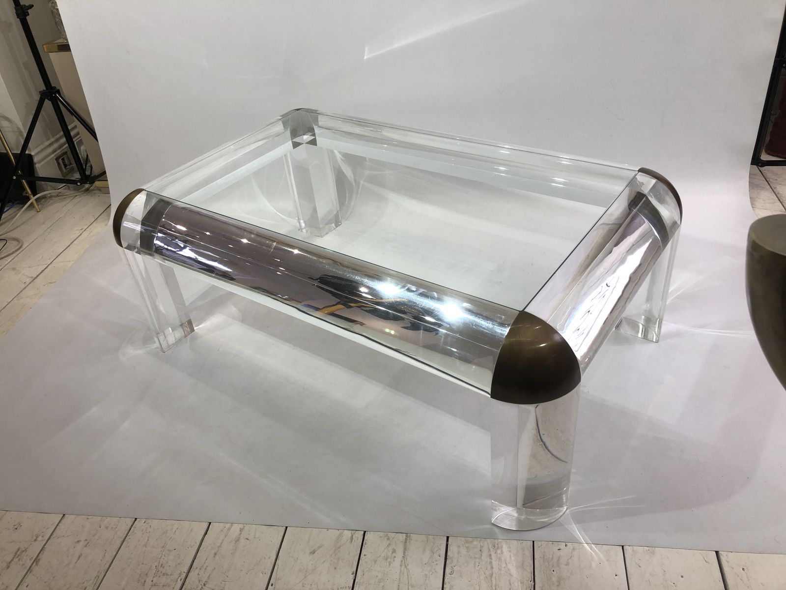 Lucite And Brass Karl Springer Style Coffee Table 1970s Modernist Mid Century