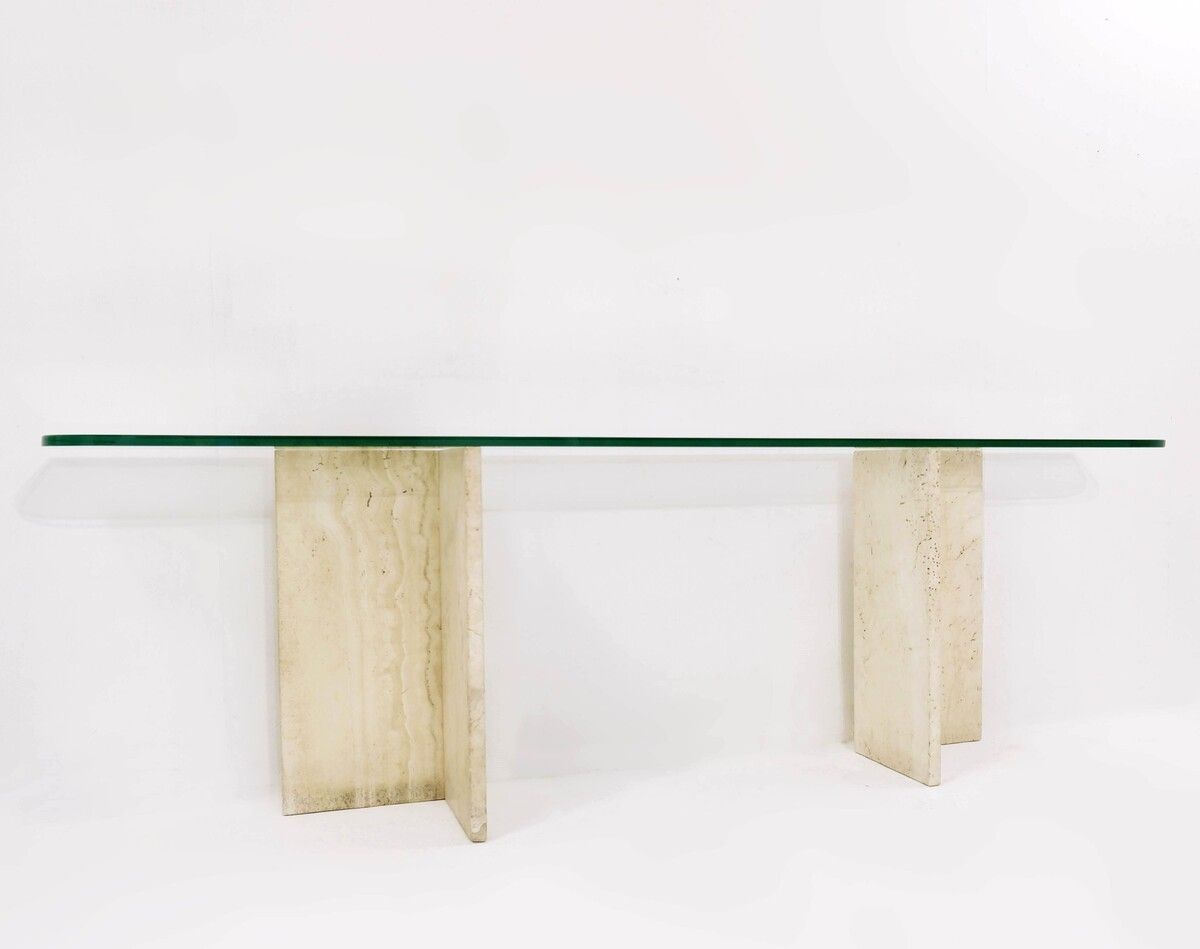 1970's Large Italian Travertine And Glass Console Table photo furniture