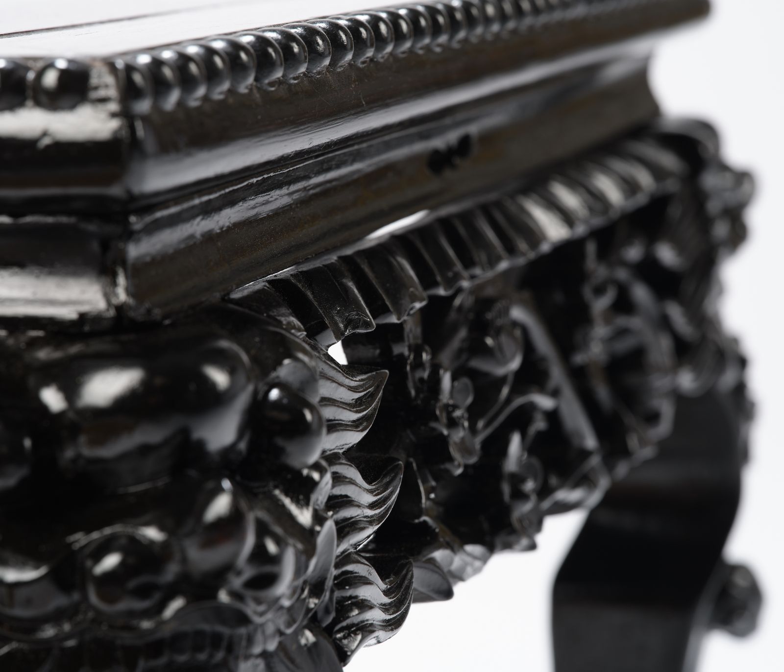 Furniture Gorgeous 'Ebonised' Intricately Carved Asian Lions Head Table With Seat Pad. Circa 1970. photo