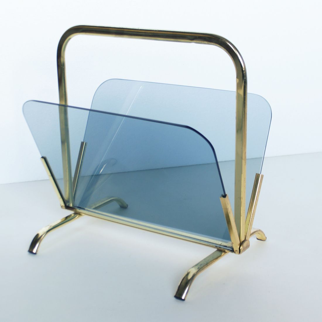 Glass And Brass Magazine Rack, France photo vintage