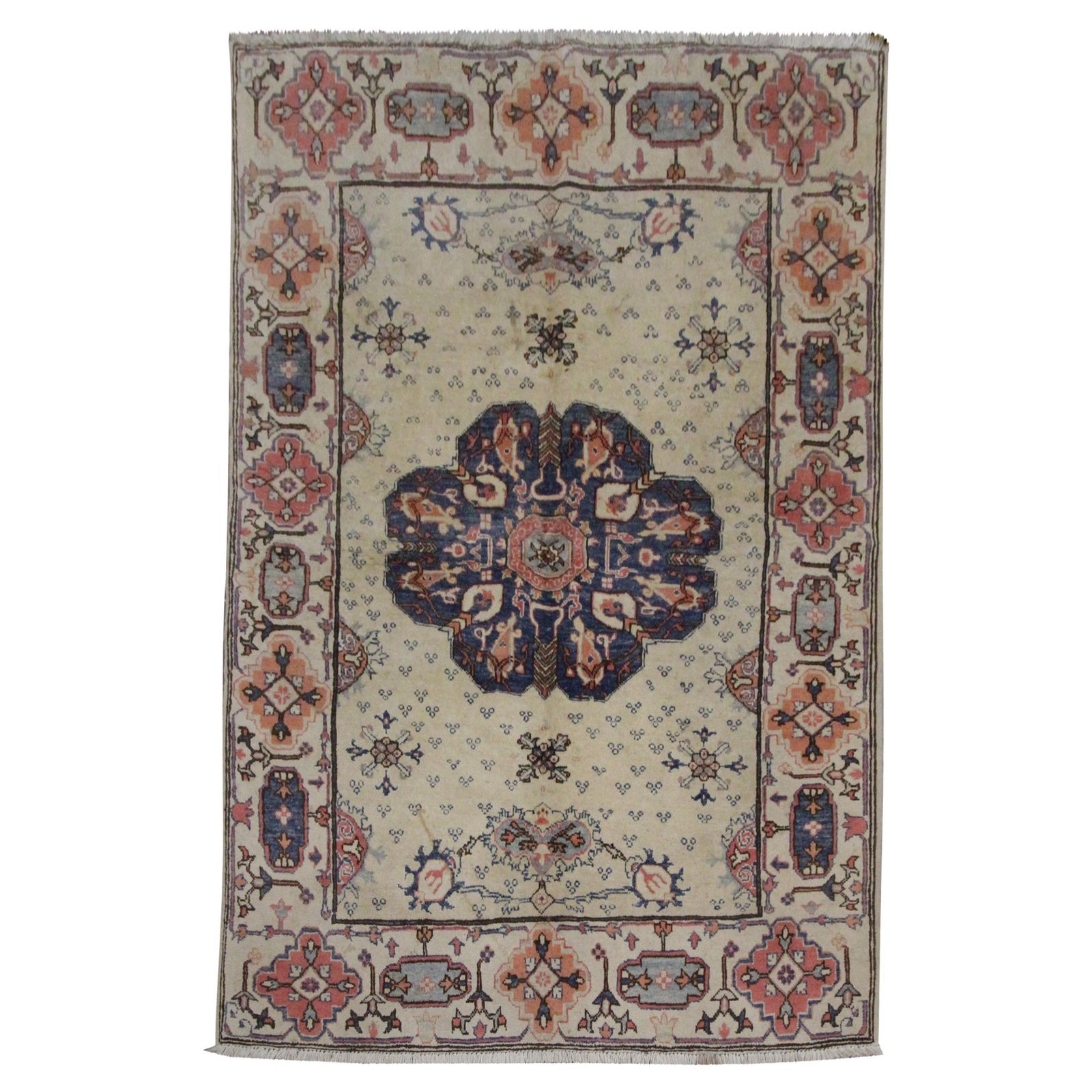 Cream Geometric Oriental Rug Handmade Symmetrical Living Area Rug