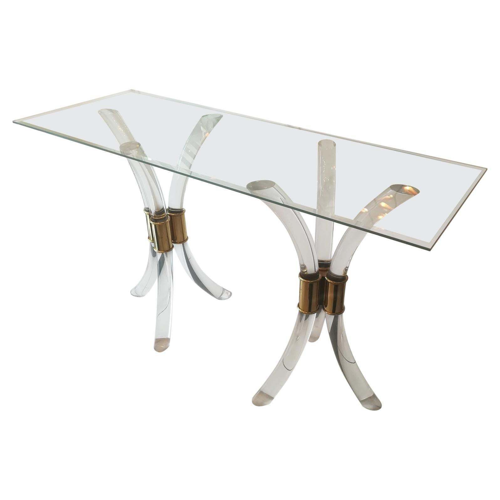 Plexiglass And Brass Console Circa 1970, With Glass Tray