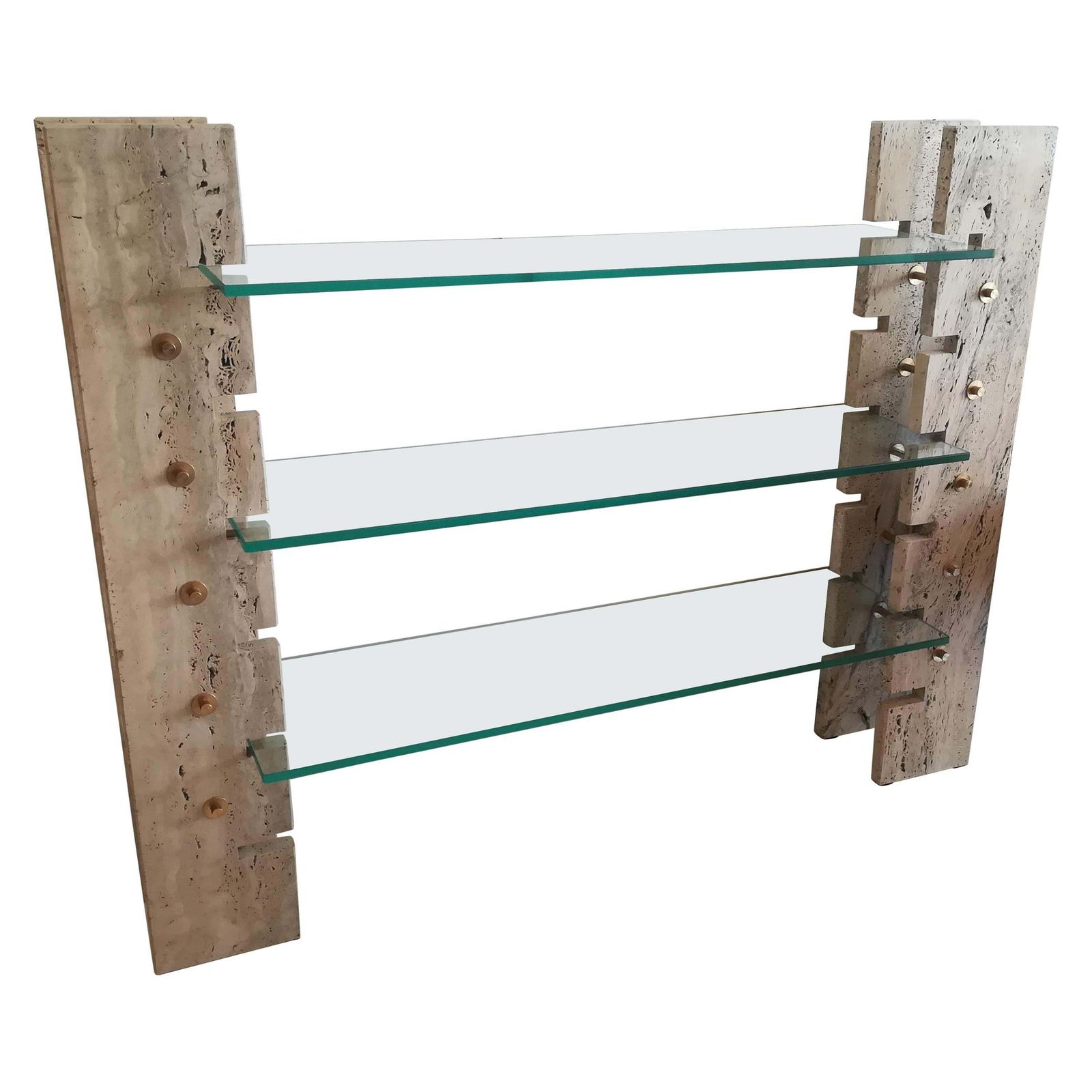 Console Or Book Holder In Travertine And Glass, Circa 1970