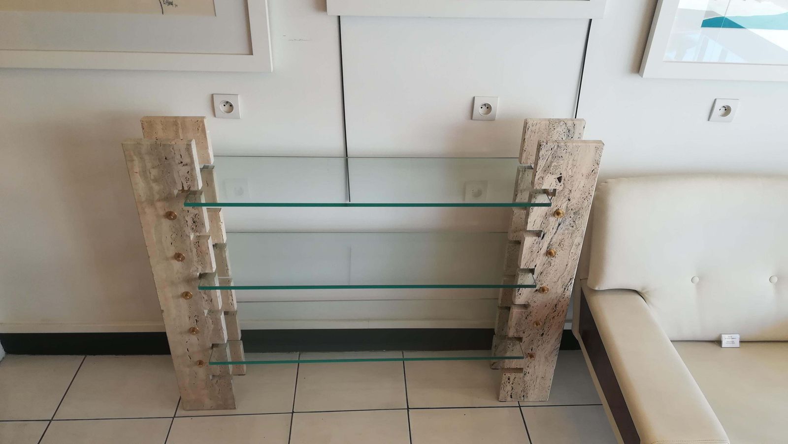 photo for sale Console Or Book Holder In Travertine And Glass, Circa 1970