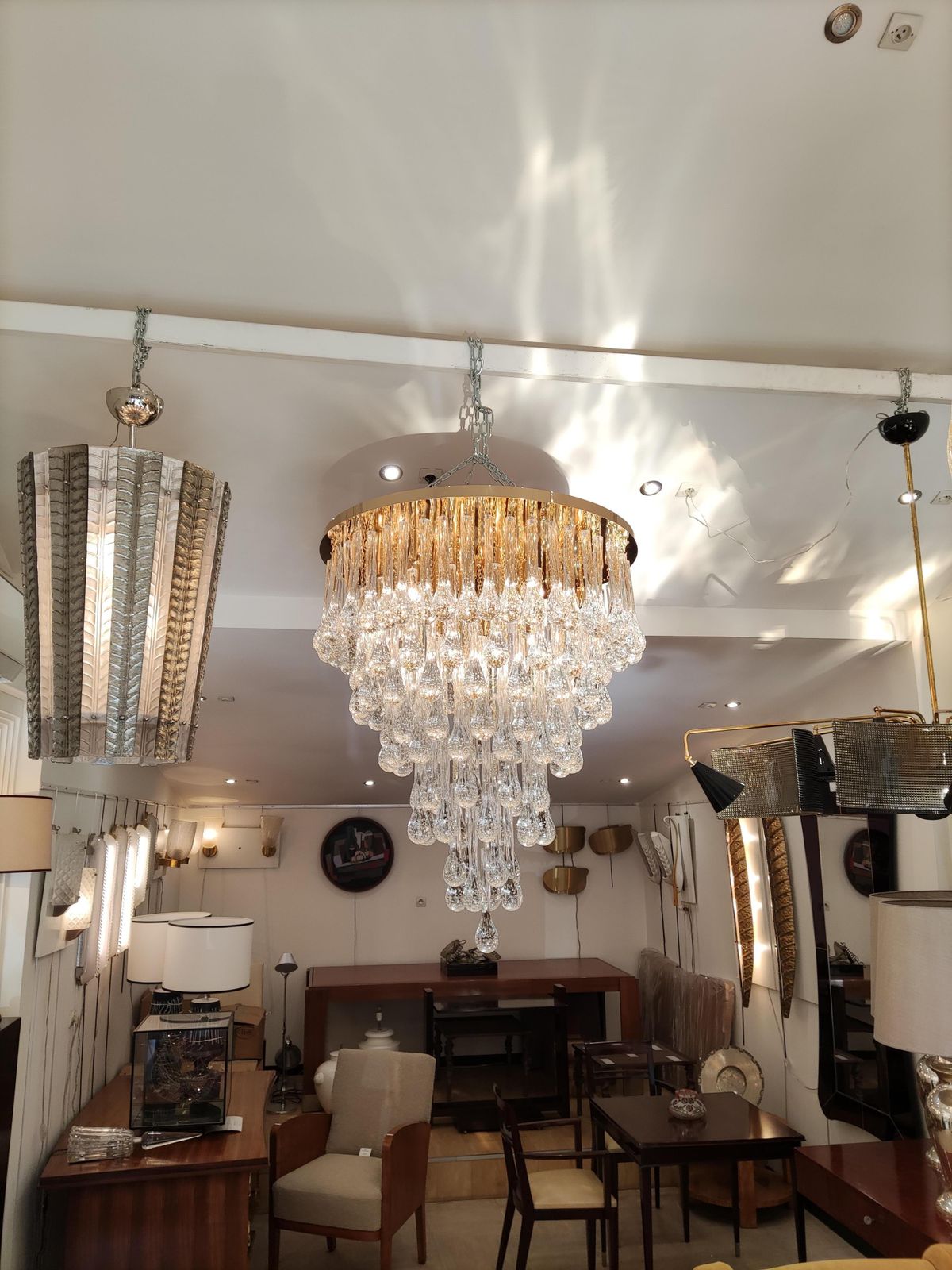 Murano Glass Chandelier Golden Brass And Crystal Drops photo for sale